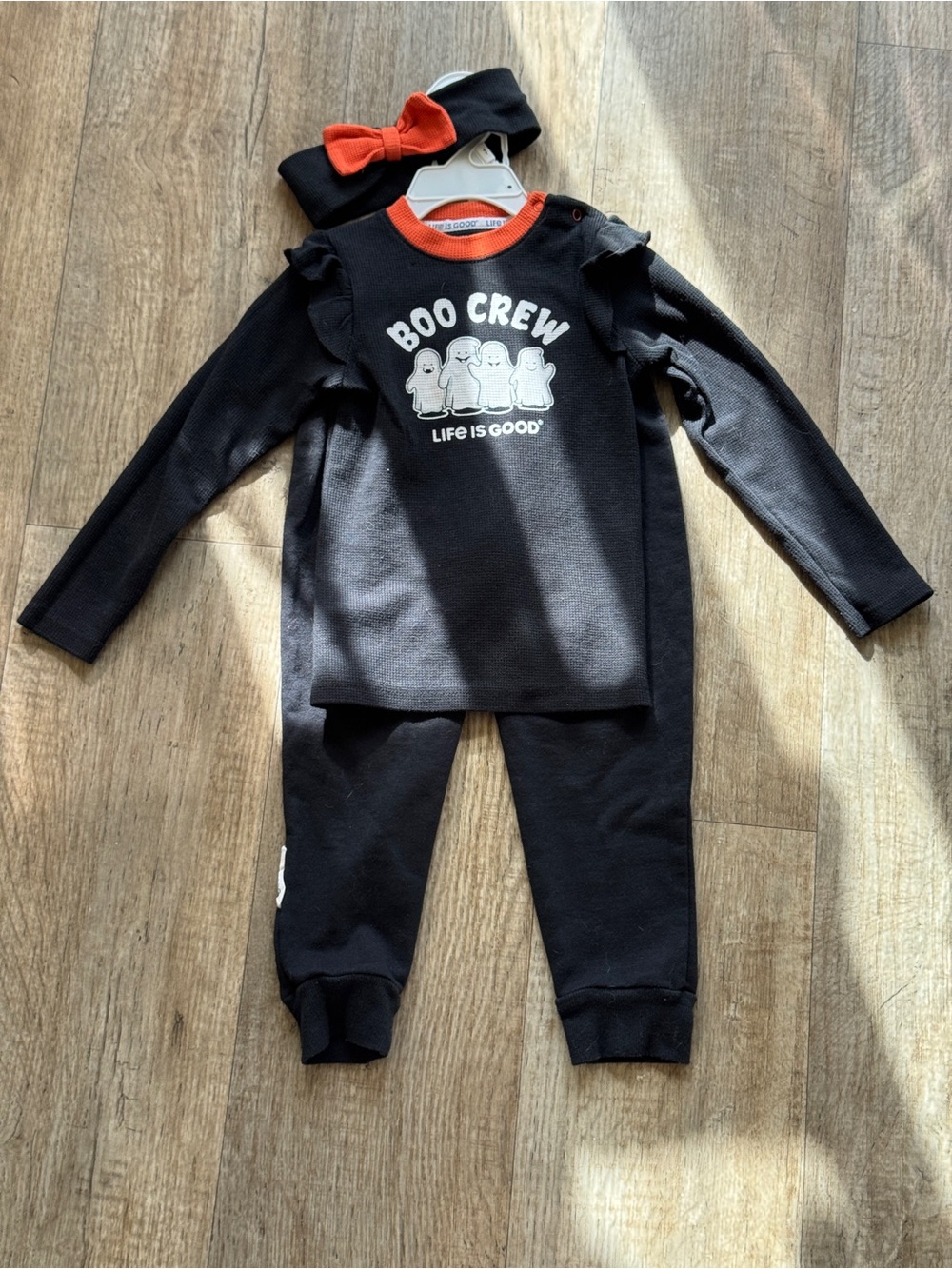 Life Is Good Black 'Boo Crew' Jogger Set with Orange Trim and Headband